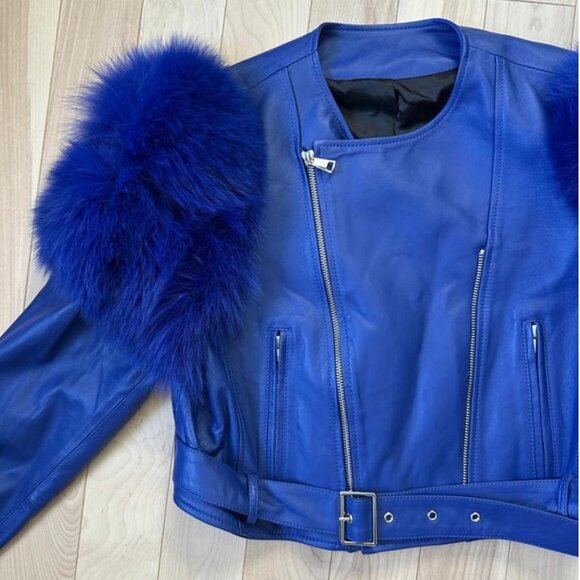 High-quality royal blue leather jacket with real fox fur shoulder - Picture 4 of 8